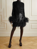 Momentlover Velvet Solid Color Feathers Chains Long Sleeves A-Line Stand Collar Mini Dresses