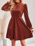 Momentlover Velvet Solid Color Ruffled Hollow Ruffle Sleeves Loose Mock Neck Mini Dresses