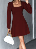 Momentlover Split-Joint Solid Color Puff Sleeves Long Sleeves Square-Neck Mini Dresses