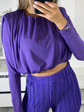 Momentlover Solid Color Long Sleeves Elasticity Pleated Round-Neck Shirts Top + High Waisted Pants Bottom Two Pieces Set