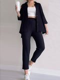 Momentlover Solid Color Split-Side Lapel High-Low Buttoned Blouses Top+ High Waisted Elasticity Pants Two Pieces Set