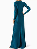 Momentlover Solid Color Bodycon Long Sleeves Pleated  Split-Front Tied Waist Deep V-Neck Maxi Dresses