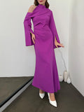 Momentlover Flared Sleeves Asymmetric Buttoned Hollow Solid Color Zipper Cold Shoulder Evening Dresses Maxi Dresses