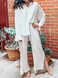 Momentlover Drawstring Pleated Flared Sleeves Long Sleeves Buttoned Solid Color Split-Side Lapel Shirts Top + Pants Bottom Pajama Sets