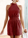 Momentlover Solid Color Ribbed Sleeveless Loose Halter-Neck Rompers