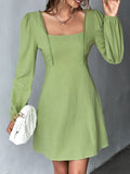 Momentlover Split-Joint Solid Color Puff Sleeves Long Sleeves Square-Neck Mini Dresses