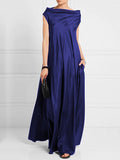 Momentlover Loose Pleated Solid Color Boat Neck Maxi Dresses