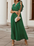 Momentlover Tied Waist Split-Joint Solid Color Pleated Floral Sleeveless Loose V-Neck Maxi Dresses