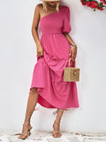 Momentlover Solid Color Puff Sleeves Loose One-Shoulder Midi Dresses