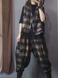 Momentlover Vintage Plaid Letter Print Jean Pants Bottoms Vest Top Two Pieces Set