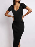 Momentlover Split-side Solid Color Skinny Short Sleeves Round-neck Midi Dresses