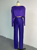 Momentlover Solid Color Long Sleeves Elasticity Pleated Round-Neck Shirts Top + High Waisted Pants Bottom Two Pieces Set