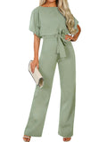 Momentlover Solid Color Ribbed Wide Leg Short Sleeves Round-neck Jumpsuits