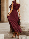 Momentlover Tied Waist Split-Joint Solid Color Pleated Floral Sleeveless Loose V-Neck Maxi Dresses