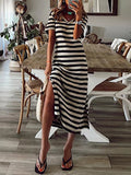 Momentlover Striped Split-Side Printed Short Sleeves Loose V-Neck Midi Dresses