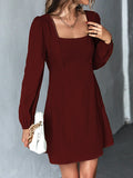 Momentlover Split-Joint Solid Color Puff Sleeves Long Sleeves Square-Neck Mini Dresses