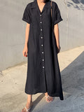 Momentlover Vintage Solid Color Short Sleeve Loose Casual Midi Dress