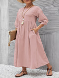 Momentlover 11 Colors Simple Round-Neck Solid Color Midi Dress