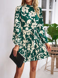 Momentlover Tied Waist Pleated Flower Print Loose Long Sleeves Mock Neck Mini Dresses