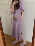 Momentlover Casual Loose Short Sleeves Split-Side Solid Color Round-Neck Midi Dresses