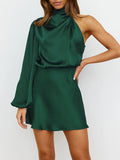 Momentlover Solid Color Elasticity Asymmetric Puff Sleeves Long Sleeves High Neck Mini Dresses