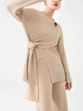 Momentlover Solid Color Loose Asymmetric Split-Front Round-Neck Long Sleeves Sweater Top + Pants Bottom Two Pieces Set