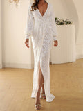 Momentlover Sequined Solid Color Split-Front Tied Waist Bodycon Long Sleeves V-Neck Maxi Dresses