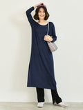 Momentlover Simple Long Sleeves Loose Solid Color Round-Neck Midi Dresses