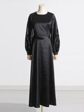 Momentlover Solid Color Hollow Puff Sleeves Loose Round-Neck Maxi Dresses