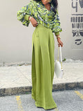 Momentlover Long Sleeves Heaps Collar Printed Shirts Top + High Waisted Pants Bottom Two Pieces Set