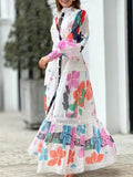 Momentlover Long Sleeves Belted Buckle Flower Print Lace-Up Split-Joint Maxi Dresses