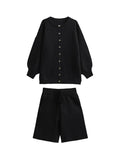 Momentlover Round-Neck Long Sleeves Loose Buttoned Sweater Top + Drawstring Shorts Bottom Two Pieces Set