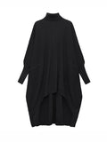 Momentlover Batwing Sleeves High-Low Pockets Solid Color High-Neck Midi Dresses Sweater Dresses