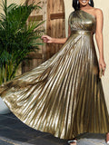 Momentlover Solid Color Shiny Pleated Asymmetric Sleeveless Plus Size One-shoulder Maxi Dresses