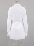 Momentlover Split-Front Solid Color Buckle Skinny Long Sleeves Lapel Mini Dresses