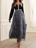 Momentlover Split-Joint Flower Print Embroidered Long Sleeves High Waisted V-Neck Maxi Dresses