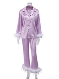 Momentlover Split-Joint Long Sleeves Buttoned Feathers Notched Collar Shirts Top + Pants Bottom Pajama Sets