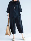 Momentlover Two-Pieces Black Loose Shirt And Ninth Pants Suit