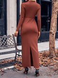 Momentlover Solid Color Bowknot Long Sleeves Bodycon V-neck Maxi Dresses