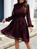 Momentlover Split-Joint Solid Color Belted Loose Round-neck Mini Dresses