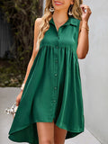 Momentlover Solid Color Pockets Pleated Buttoned Sleeveless Loose Lapel Mini Dresses