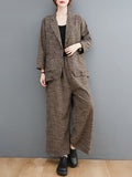 Momentlover Vintage Ramie Cotton Notched Collar One Button Suits+Column Pants 2 Pieces Set