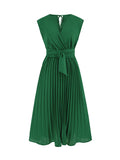 Momentlover Tied Waist Solid Color Pleated Sleeveless V-Neck Midi Dresses