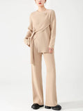 Momentlover Solid Color Loose Asymmetric Split-Front Round-Neck Long Sleeves Sweater Top + Pants Bottom Two Pieces Set