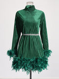 Momentlover Velvet Solid Color Feathers Chains Long Sleeves A-Line Stand Collar Mini Dresses