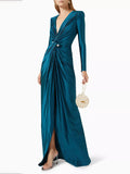 Momentlover Solid Color Bodycon Long Sleeves Pleated  Split-Front Tied Waist Deep V-Neck Maxi Dresses