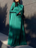 Momentlover Solid Color Loose Long Sleeves High-neck Maxi Dresses