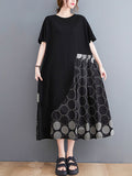 Momentlover Casual Printed Polka-Dot Split-Joint  Asymmetric Round-Neck Plus Size Midi Dress