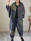 Momentlover Contrast Color Fringed Split-Joint Long Sleeves Printed Outwear + Harem Pants  Two Pieces Set