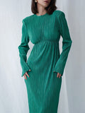 Momentlover Solid Color Pleated Hollow Backless Loose Long Sleeves Round-Neck Midi Dresses